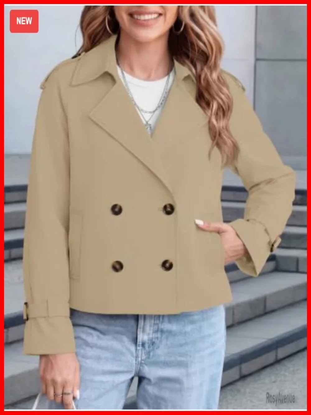 Cropped Double Breasted Trench Coat Raglan Sleeve Notch Collar Women's